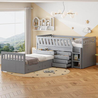 L-shaped Space-Saving Twin Loft and Twin Platform Bed with 7 Drawers and Full Guardrails(GRAY)