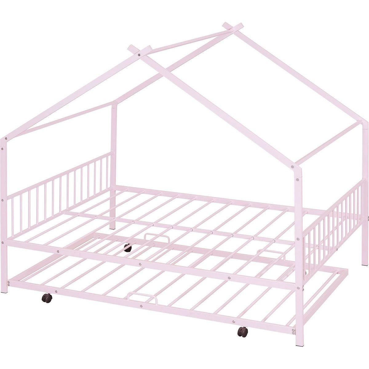 Full Size Metal House Bed with Twin Size Trundle, Pink