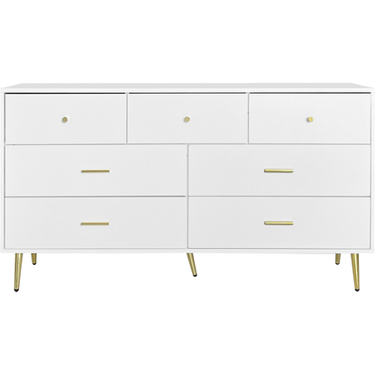 Seven Drawers Large Chest of Drawer Cabinet with Golden Handle and Golden Legs White Color