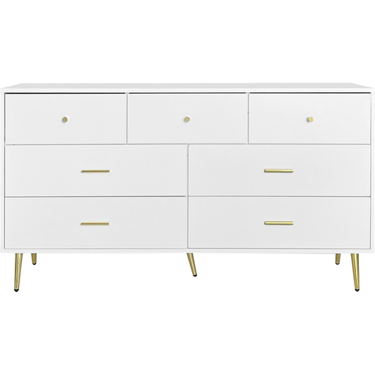Seven Drawers Large Chest of Drawer Cabinet with Golden Handle and Golden Legs White Color
