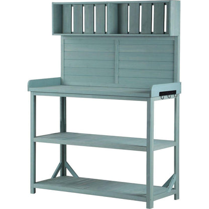 65" Large Wooden Farmhouse Rustic Outdoor Potting Bench Table, Patio Workstation, Garden Potting Bench with 4 Storage Shelves and Side Hook,Green