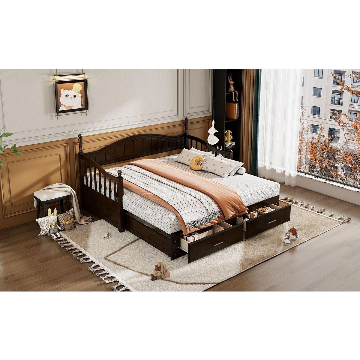 Wooden Twin Size Daybed with Twin Size Trundle, Extendable Daybed with Two Storage Drawers, Espresso