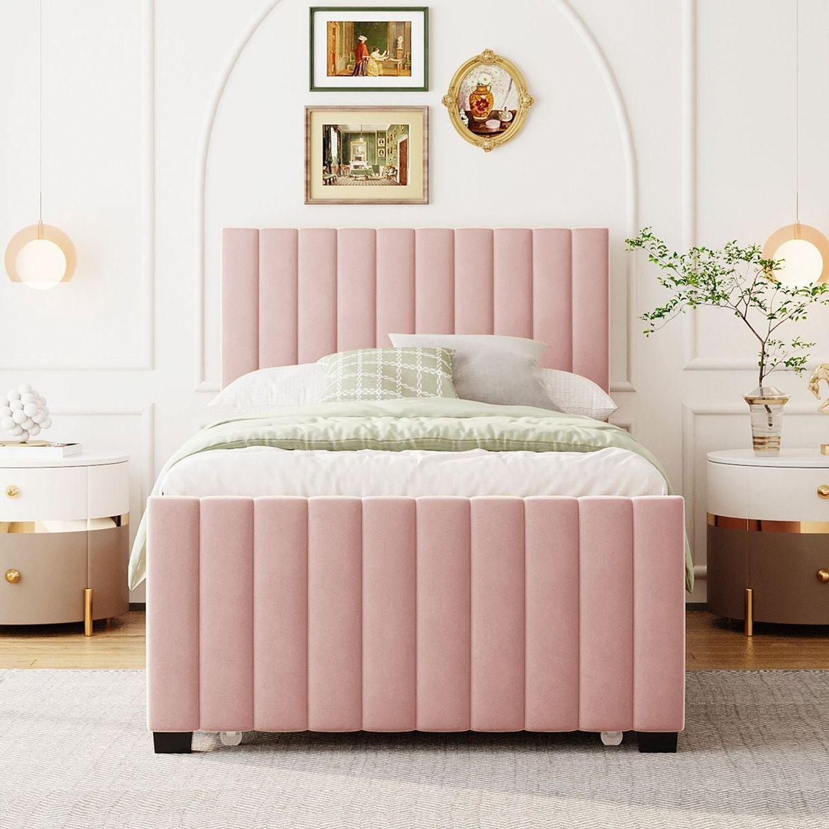 Twin Size Velvet Upholstered Platform Bed with Twin Size Trundle, Pink