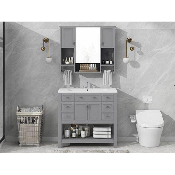 36" Bathroom Vanity with Top Sink, Modern Mirror Cabinet with Towels Bar, Bathroom Storage Cabinet with 2 Soft Closing Doors and 6 Drawers, Single Sink Bathroom Vanity