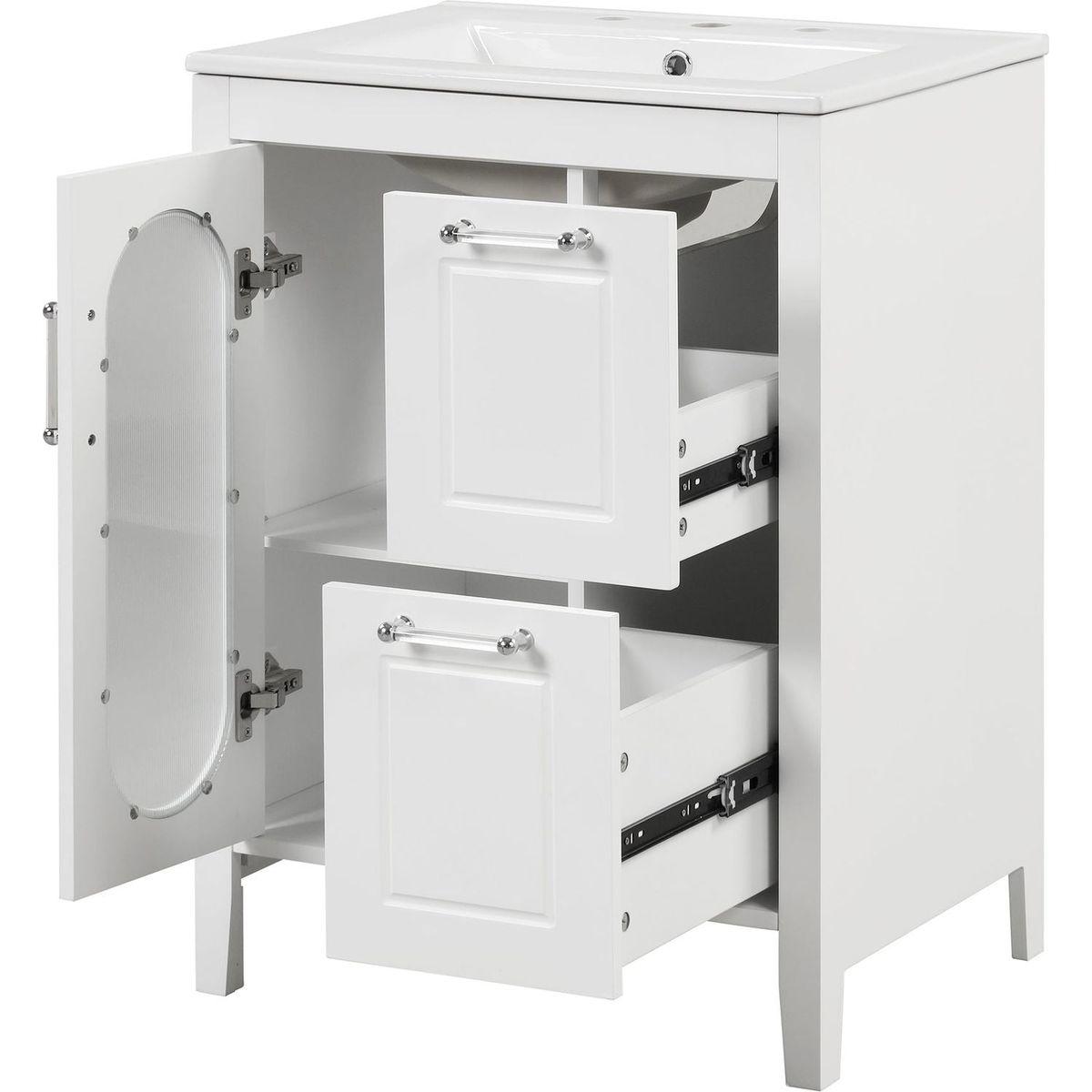 24" Bathroom Vanity with Sink, Bathroom Vanity Cabinet with Two Drawers and Door, Adjustable Shelf, Solid Wood and MDF, White