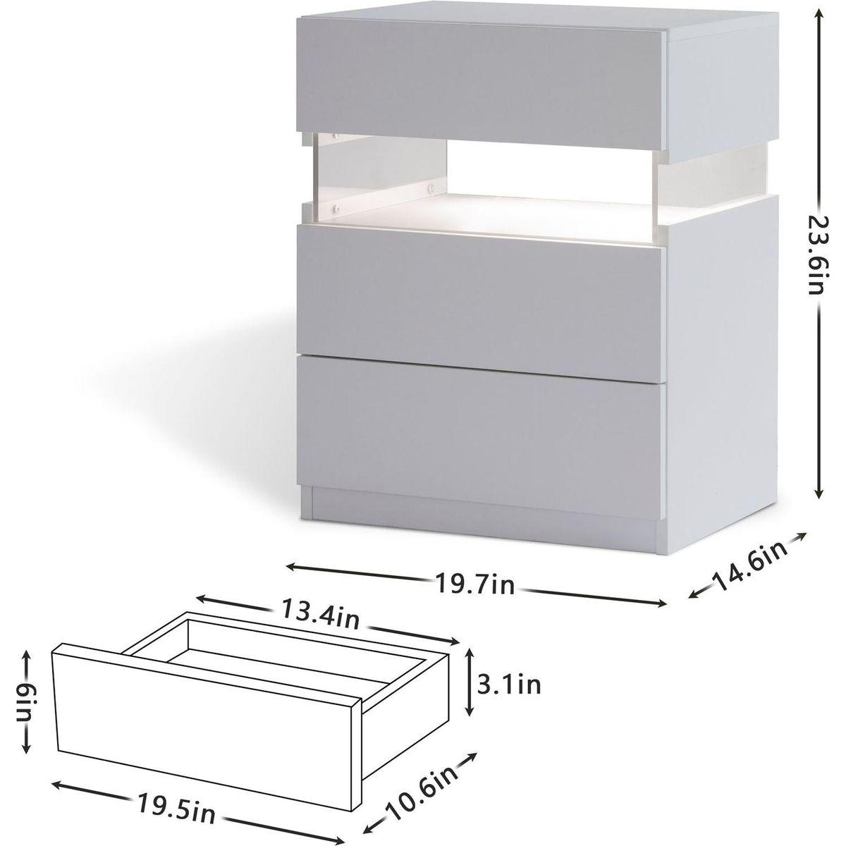 LED Nightstands 3 Drawer Dresser for Bedroom End Table with Acrylic Board LED Bedside Tables for Bedroom Living Room Bedside Furniture (White)