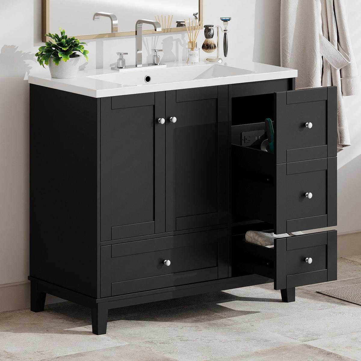 36 Inch Modern Bathroom Vanity with USB Charging, Two Doors and Three Drawers Bathroom Storage Vanity Cabinet, Small Bathroom Vanity cabinet with single sink, Black - Faucets Not Included