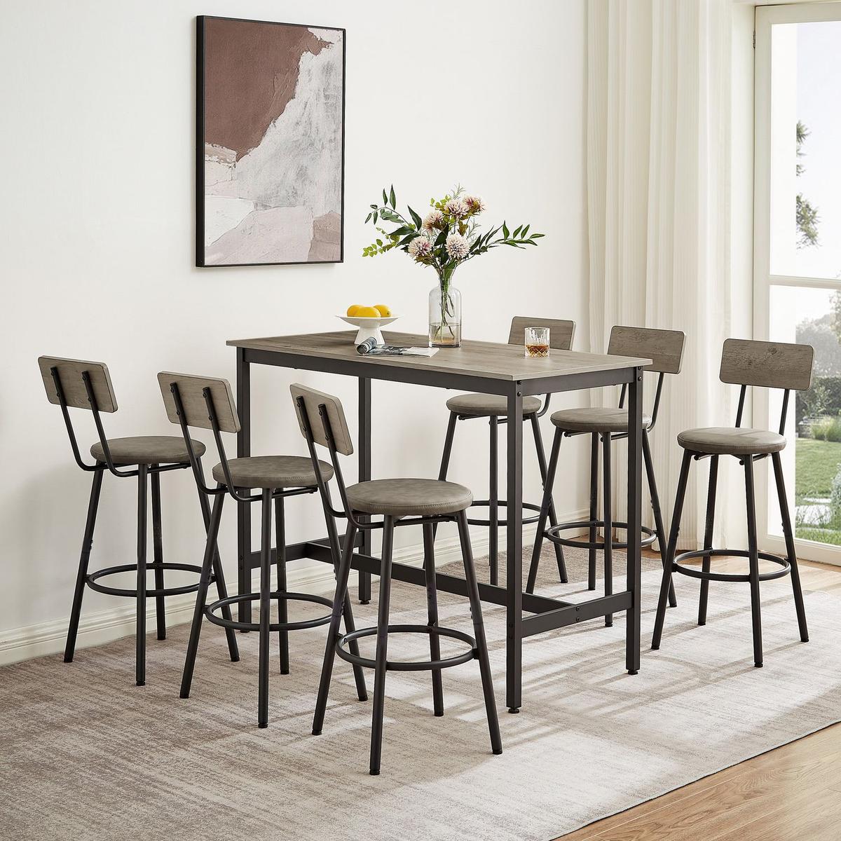 Pub High Dining Table 7 Piece Set, Industrial Style Pub Table, 6 PU Leather Bar Chairs for Kitchen Breakfast Table, Living Room, Bar, Rustic Grey, 47.2鈥矻 x 23.6"W x 35.4"H