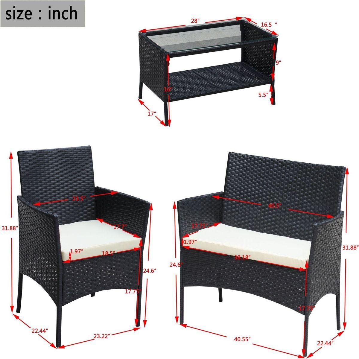 4 PC Rattan Patio Furniture Set Outdoor Patio Cushioned Seat Wicker Sofa (Beige Cushion)