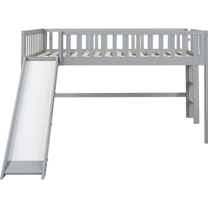 Full Size Low Loft Bed with Ladder and Slide,Gray