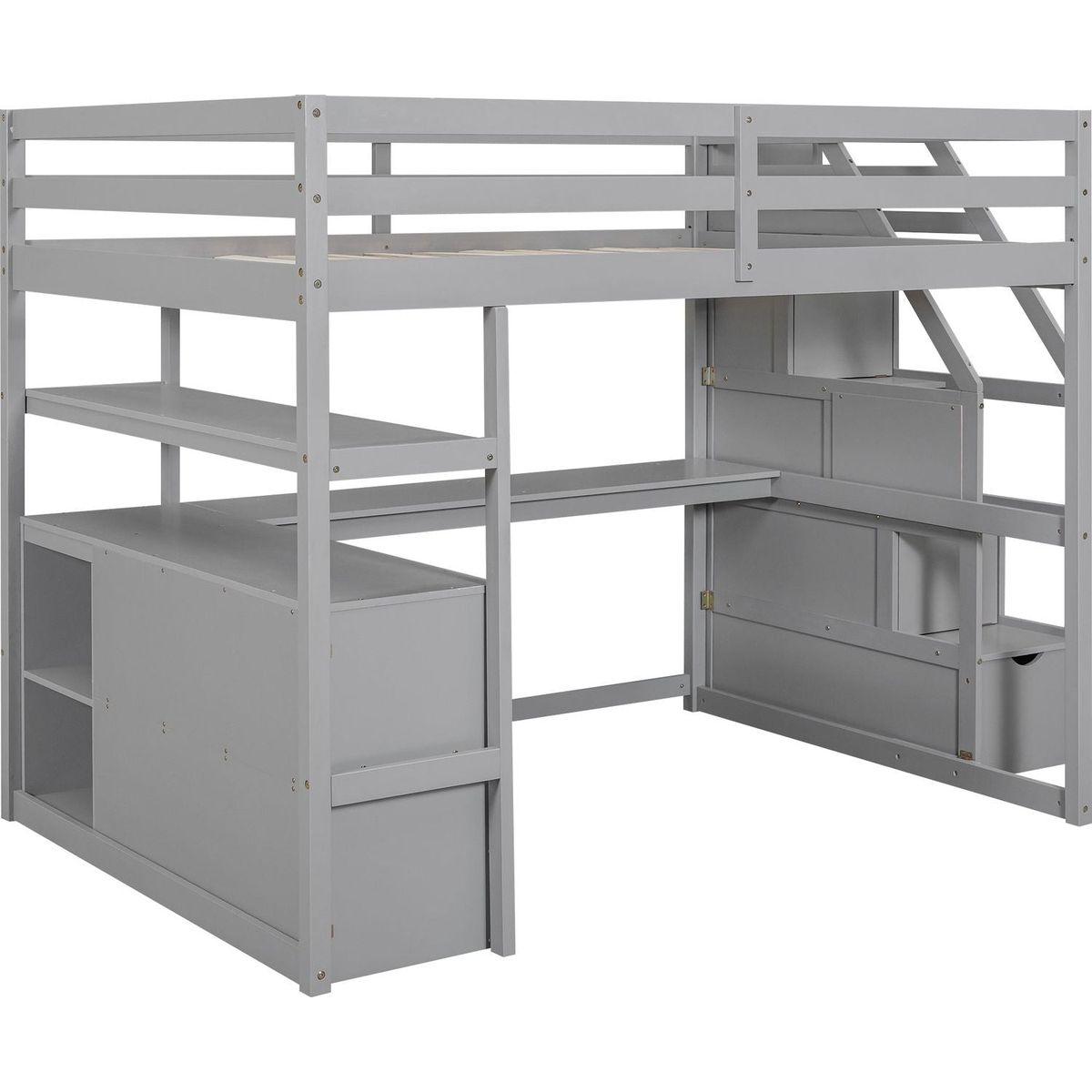 Full Size Loft Bed with Desk and Shelves, Two Built-in Drawers, Storage Staircase, Gray