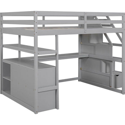 Full Size Loft Bed with Desk and Shelves, Two Built-in Drawers, Storage Staircase, Gray