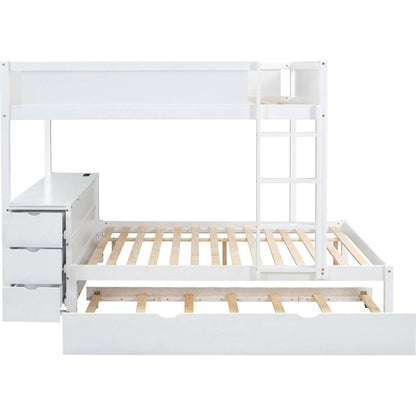 Full-Over-Full Bunk Bed with Twin size Trundle, Storage and Desk, White