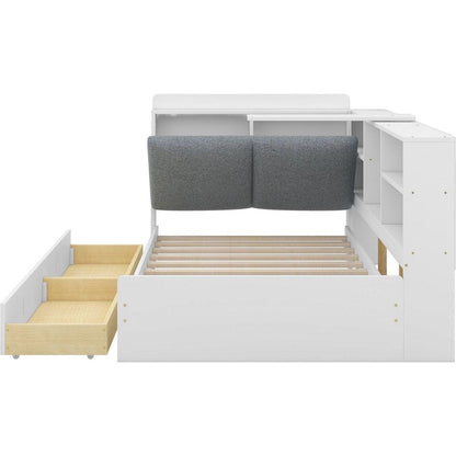 Wood Twin Size platform bed with Storage Headboard, Shelves and 2 Drawers, White
