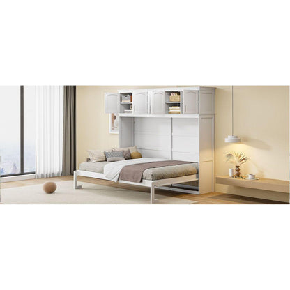 Full Size Murphy Bed Wall Bed with Top Cabinets,White