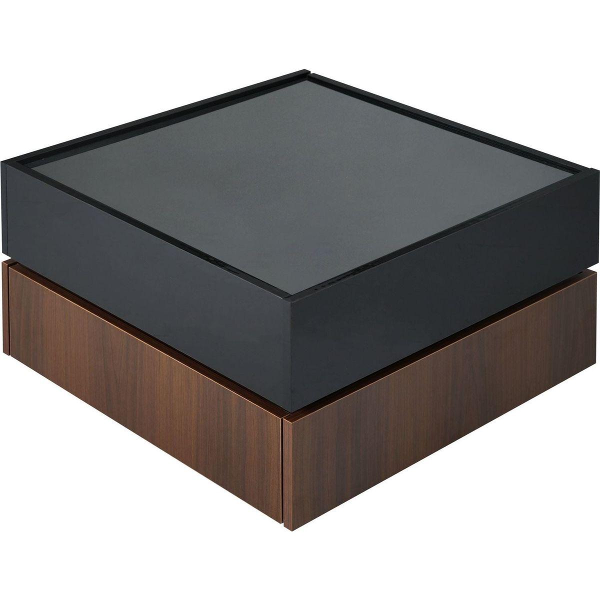 Multi-functional Square 360Rotating Coffee Table with 2 Drawers, High Gloss 2-Tier Center Table with Swivel Tabletop and Storage, Walnut Table Frame Side Table for Living Room, Black