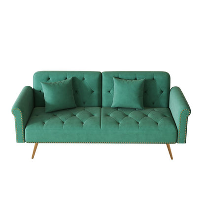 Velvet Sofa Bed with Nail Head Trim and Throw Pillow in Green, 69.7 Inches, Sponge Filling, Gold Metal Legs