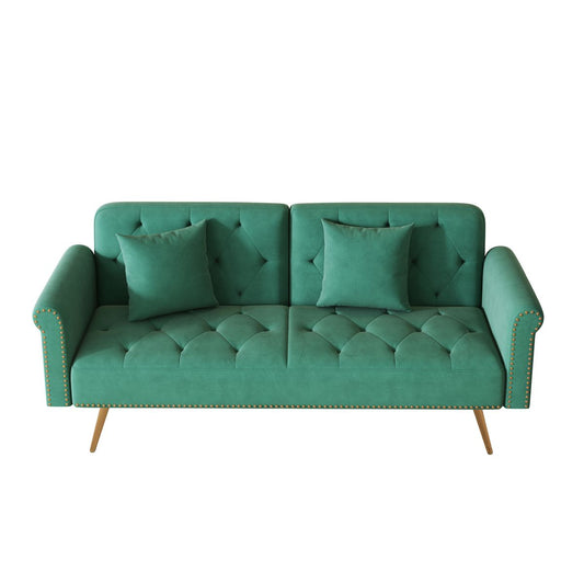 Velvet Sofa Bed with Nail Head Trim and Throw Pillow in Green, 69.7 Inches, Sponge Filling, Gold Metal Legs