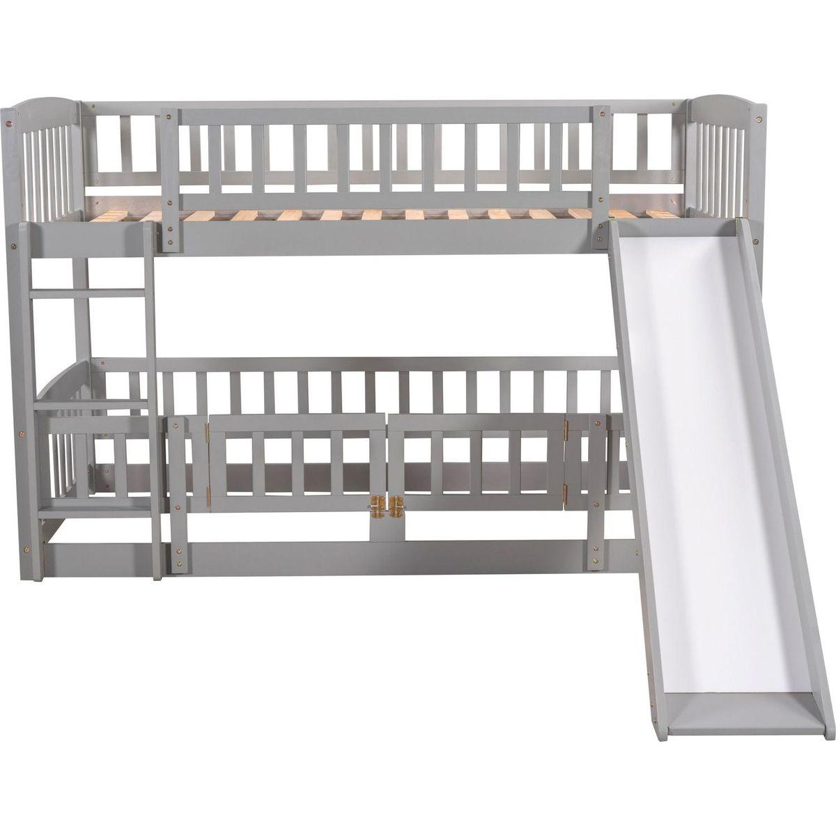 Bunk Bed with Slide,Twin Over Twin Low Bunk Bed with Fence and Ladder for Toddler Kids Teens Grey