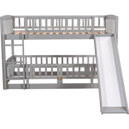 Bunk Bed with Slide,Twin Over Twin Low Bunk Bed with Fence and Ladder for Toddler Kids Teens Grey