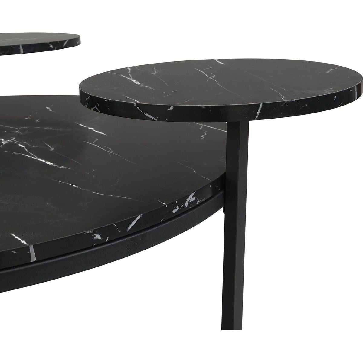 Modern coffee table with two display shelves, Black Faux marble surfaces, Tripod-inspired base,Rounded tabletop edges