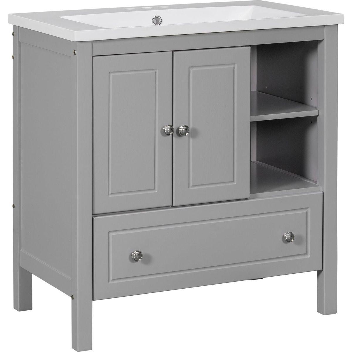 30" Bathroom Vanity with Sink, Bathroom Storage Cabinet with Doors and Drawers, Solid Wood Frame, Ceramic Sink, Grey