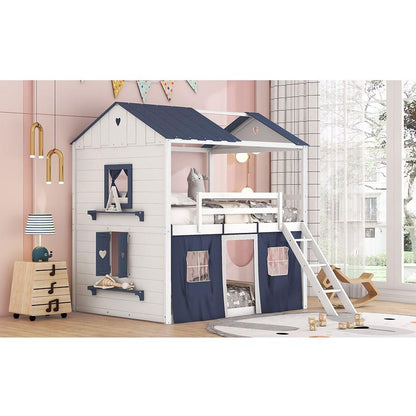 Full Size Bunk Wood House Bed with Elegant Windows, Sills and Tent, Blue+White