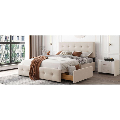 Upholstered Platform Bed with Classic Headboard and 4 Drawers, No Box Spring Needed, Linen Fabric, Queen Size Beige