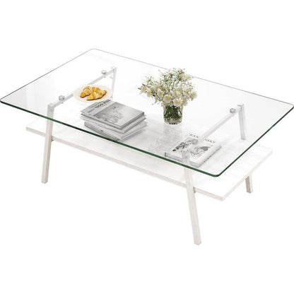 Rectangle Coffee Table, Tempered Glass Tabletop with White Metal Legs, Modern Table for Living Room, Transparent Glass