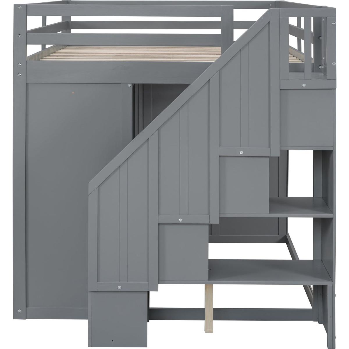 Full Size Wood Loft Bed With Built-in Wardrobes, Cabinets and Drawers, Gray