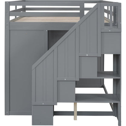 Full Size Wood Loft Bed With Built-in Wardrobes, Cabinets and Drawers, Gray