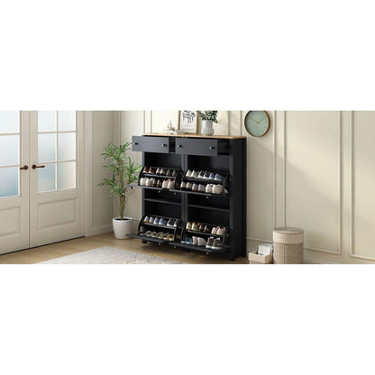 Slim Shoe Cabinet Set with 4 Flip Drawers, Wood Grain Pattern Top Shoe Storage Solution with Adjustable Panel, Modern Style Shoe Rack with Drawers for Hallway, Black