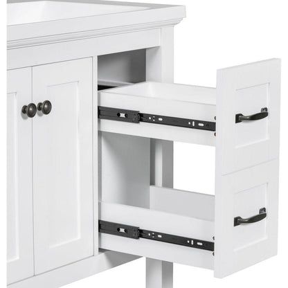 30" Bathroom Vanity with Ceramic Sink Top, Vanity Cabinet with Multi-Functional Drawer, Solid Wood Legs, White