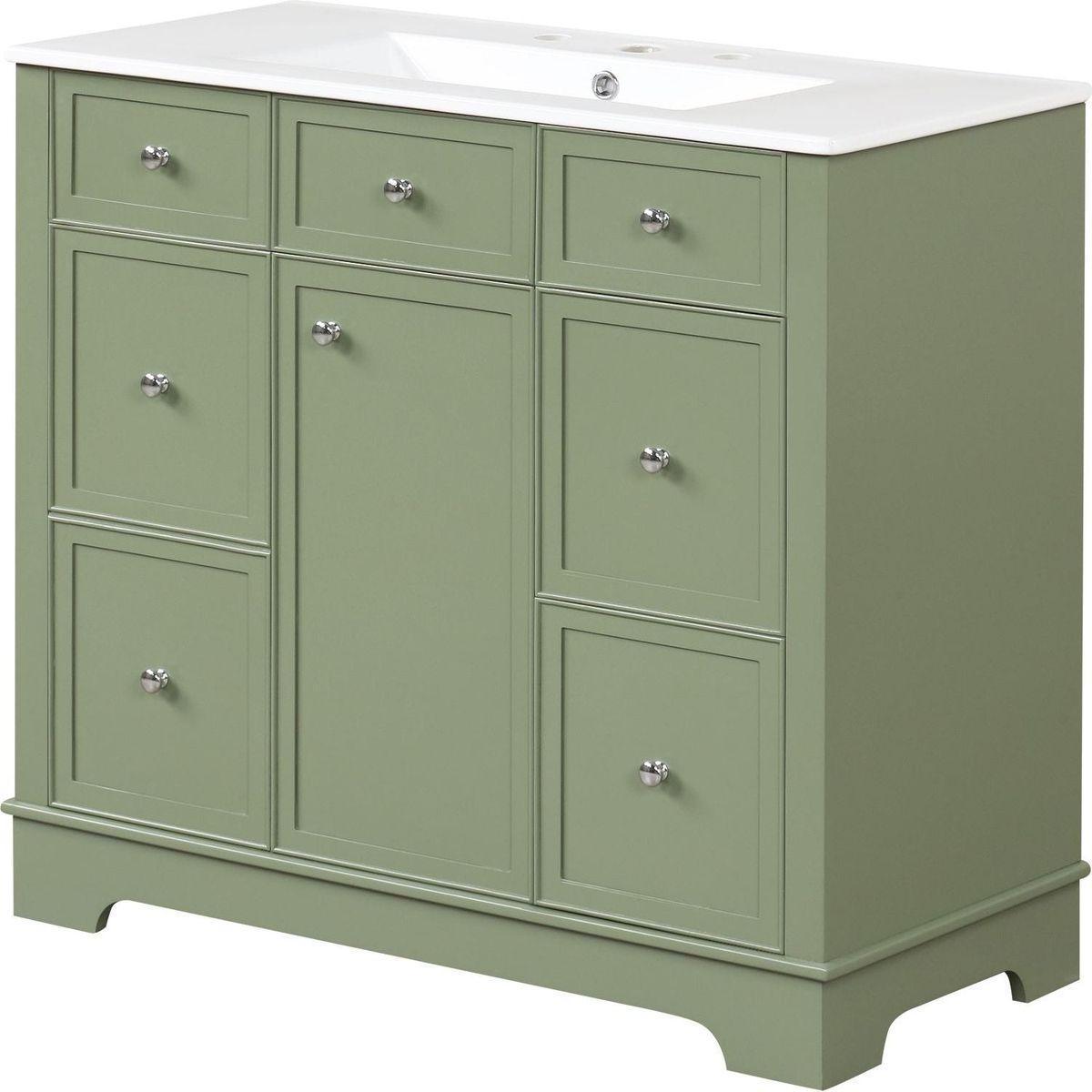 36" Bathroom Vanity with Sink, One Cabinet with Three drawers and One Flip Drawer, Solid Wood and MDF Board, Green