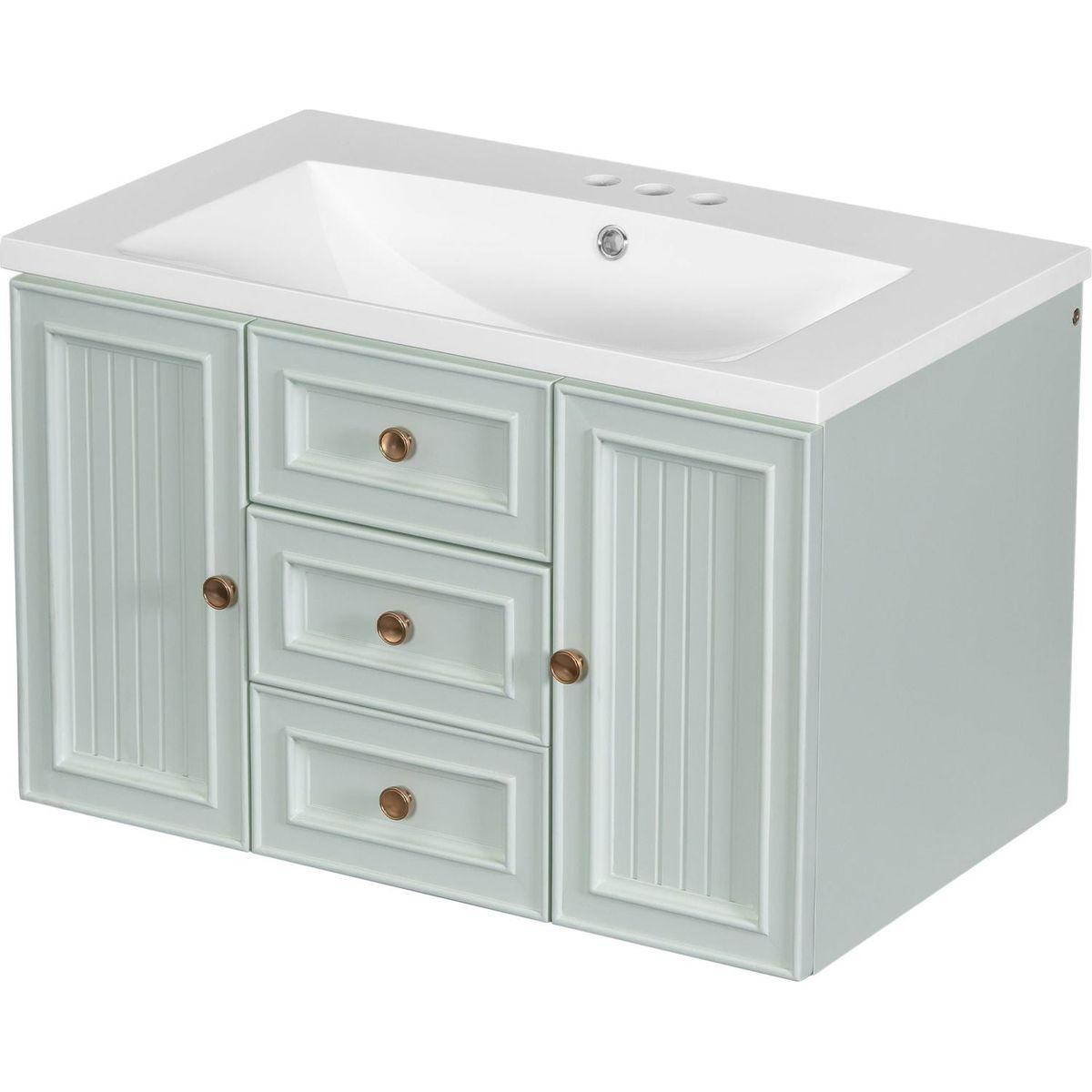 30" Wall Mounted Bathroom Vanity with Sink Combo, Functional Drawer, Solid Wood & MDF Board & Ceramic, Green