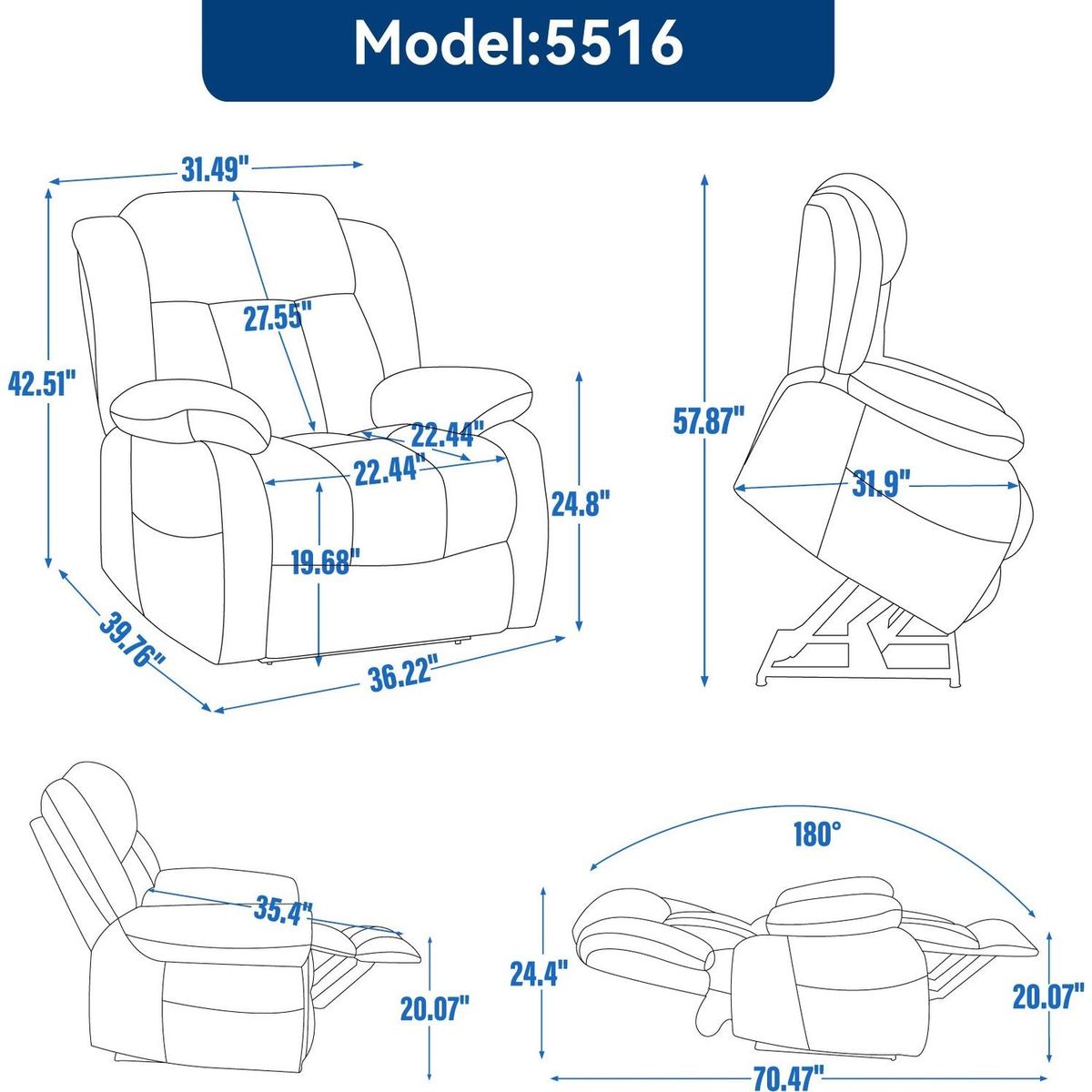 Dual Motor Infinite Position Up to 350 LBS Electric Medium size Genuine Leather Black Power Lift Recliner Chair with 8-Point Vibration Massage and Lumbar Heating