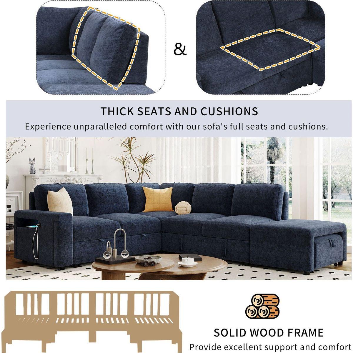 L-shaped Padded Modular Sofa with Storage Space, USB Ports, and Cup Holders on the Armrests, Suitable for Living Rooms, Offices, and Apartments.