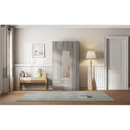 3-Door Mirror Wardrobe with 2 Drawers and Top Cabinet,Gray