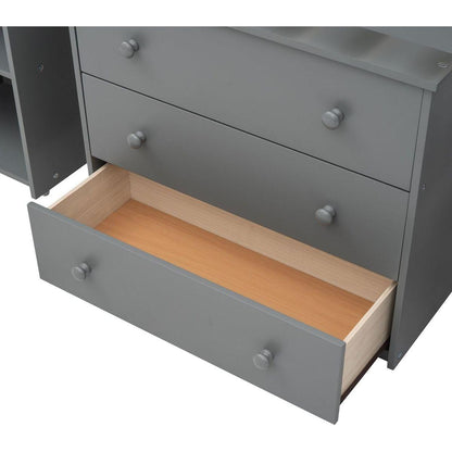 Low Study Twin Loft Bed with Cabinet and Rolling Portable Desk - Gray