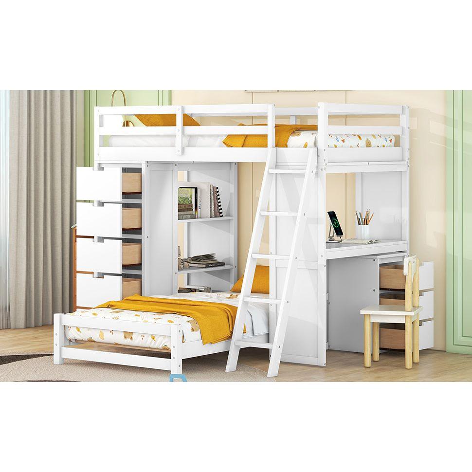 Twin over Twin Bunk Bed with LED Light and USB Ports, White