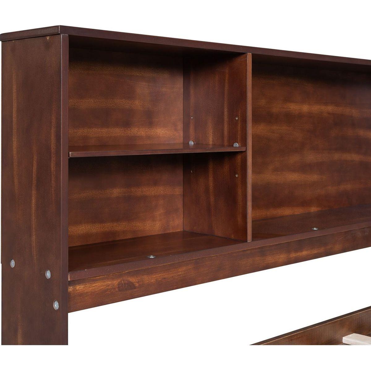 Full Size Wooden Captain Bed with Built-in Storage Shelves, 4 Drawers and 2 Cabinets, Antique Brown