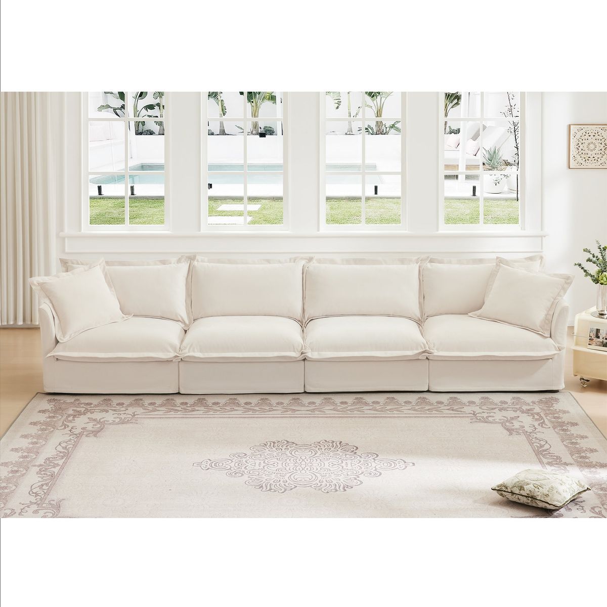 Slipcovered Long Sofa, 4 Seater Sofa with Removable Cover, Extra Deep Couch for Living Room, ,Chenille Fabric Cloud Like Comfy Sofa Couch, Cream Chenille Fabric
