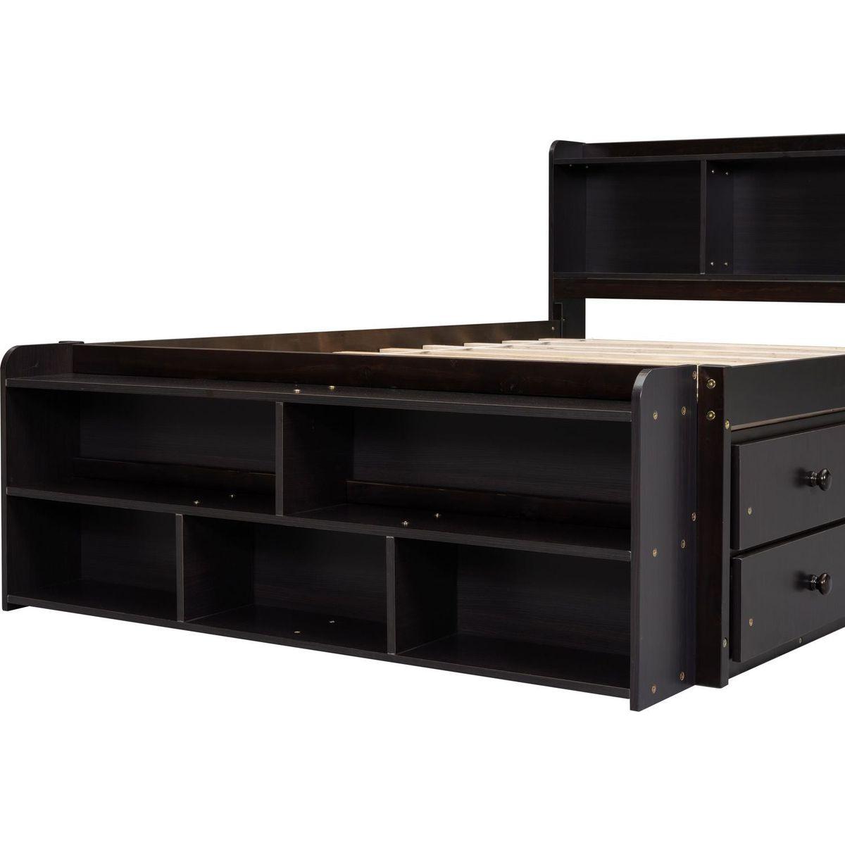 Full Bed with Bookcase Headboard, Under bed Storage Drawers and Bed End Storage Case,Espresso