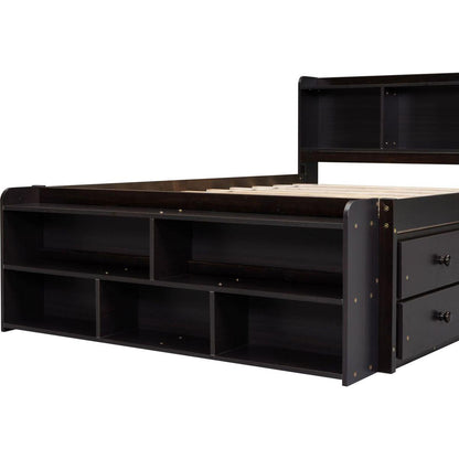 Full Bed with Bookcase Headboard, Under bed Storage Drawers and Bed End Storage Case,Espresso