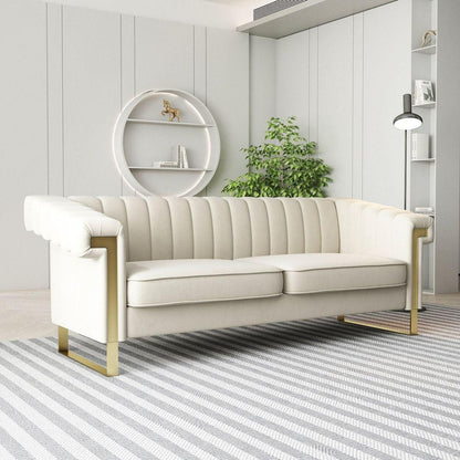 SOFA Modern Cream Velvet Sofa with Gold Accents - Sleek Channel-Tufted Upholstery, 3-Seat Couch for Living Room and Office Decor