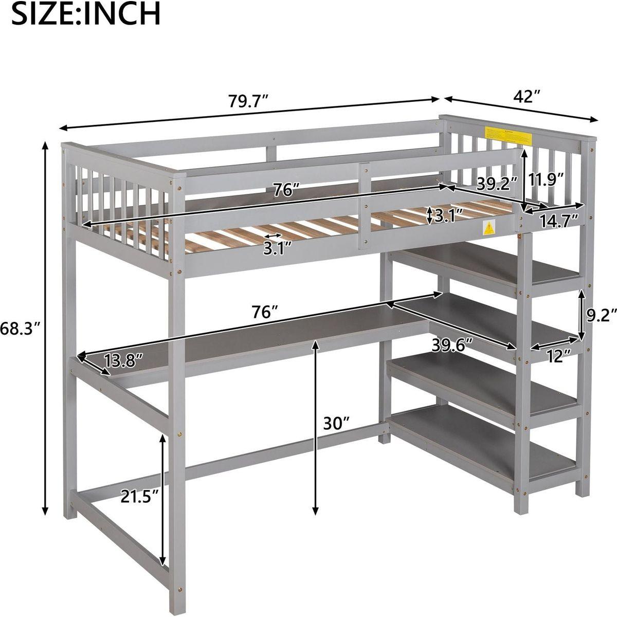 Twin Size Loft Bed with Storage Shelves and Under-bed Desk, Gray