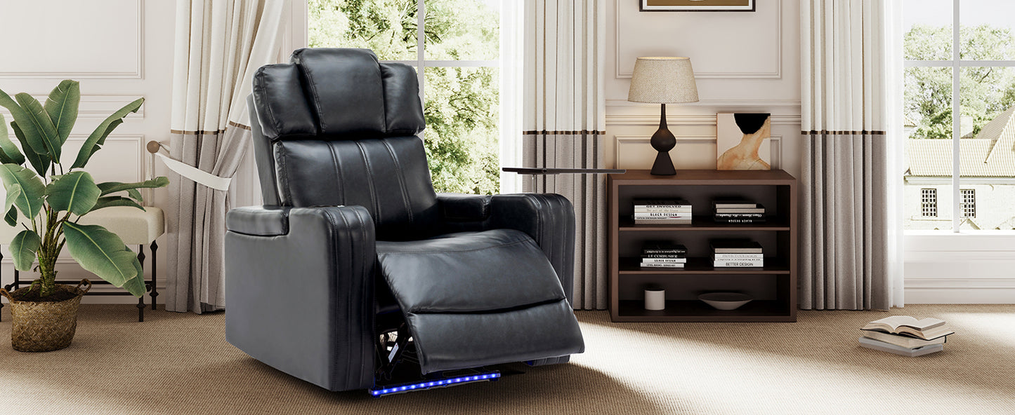 PU Leather Power Recliner Individual Seat Home Theater Recliner with Cooling Cup Holder, Bluetooth Speaker, LED Lights, USB Ports, Tray Table, Arm Storage for Living Room, Blue