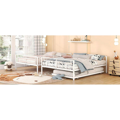 Full XL Over Queen Metal Bunk Bed with Trundle, White