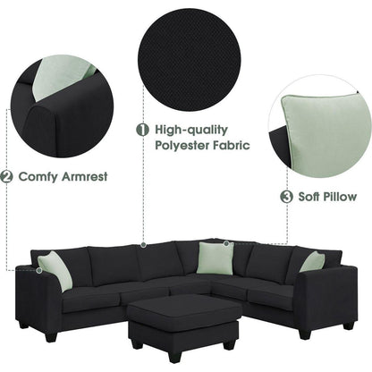 112x87" Sectional Sofa Couches Living Room Sets, 7 Seats Modular Sectional Sofa with Ottoman, L Shape Fabric Sofa Corner Couch Set with 3 Pillows, Black(New of GS008210AAB)