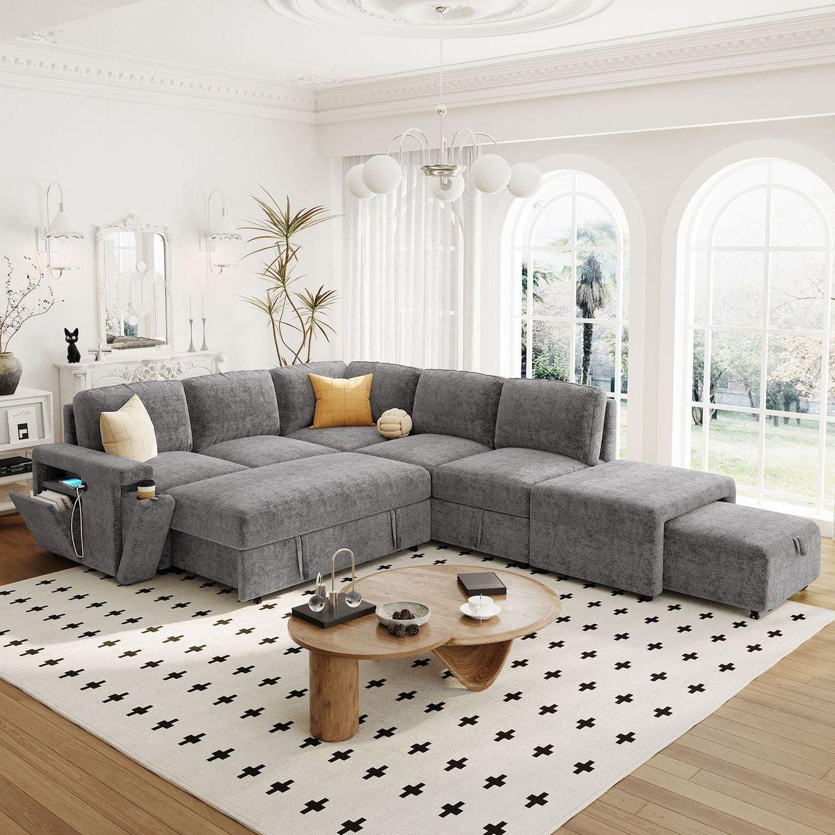 L-shaped Padded Modular Sofa with Storage Space, USB Ports, and Cup Holders on the Armrests, Suitable for Living Rooms, Offices, and Apartments.